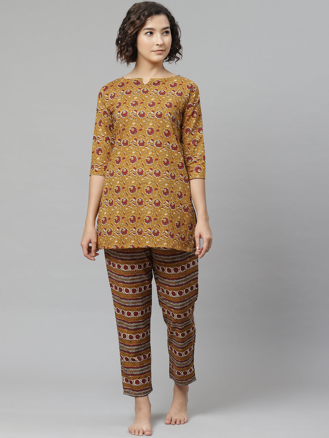 Women's Mustard Brown Maroon Printed Pure Cotton Night Suit - Anubhutee