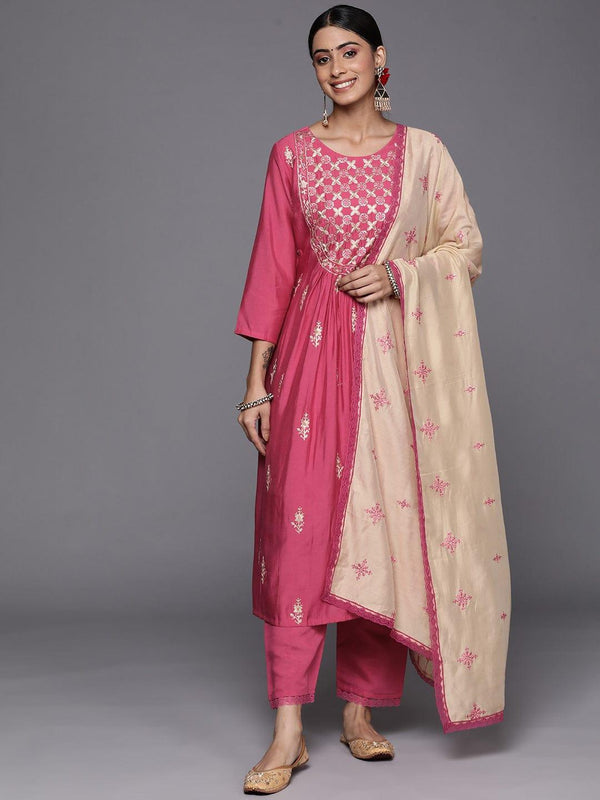 Varanga Women Pink Ethnic Motifs Embroidered Thread Work Kurta with Trousers & With Dupatta - Indiakreations