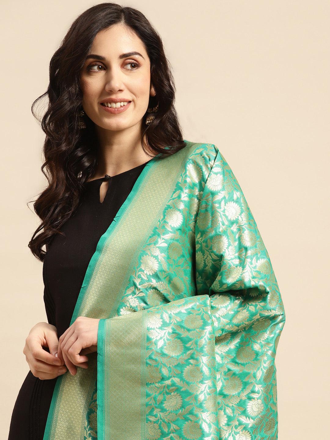 Women's Green Color Ethnic Motifs Woven Design Dupatta With Zari - Varanasi - Indiakreations