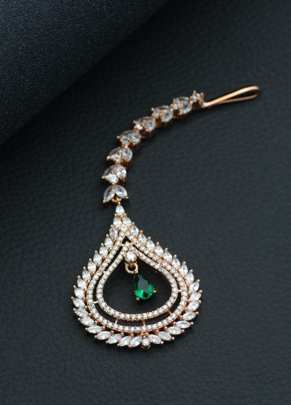 Women's Rose Gold-Plated Green Ad-Studded Handcrafted Maang Tikka - Jazz And Sizzle - Indiakreations