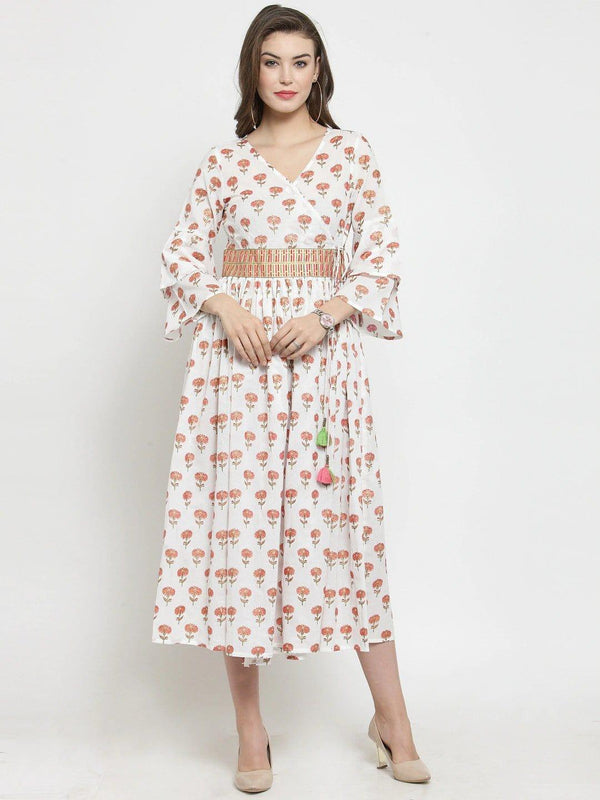 White & Red Floral Printed Wrap Dress - Indiakreations