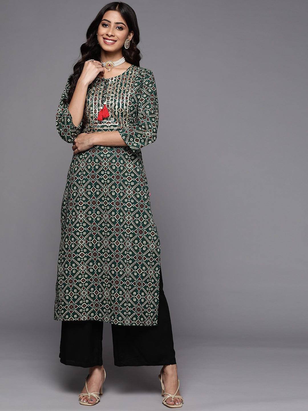 Varanga Women Green & Gold-Toned Ethnic Motifs Printed Thread Work Indie Prints Kurta - Indiakreations