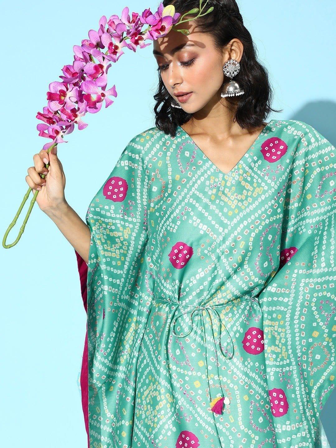 Turquoise Bandhej Printed Tassel Embellished Kaftan With Gota Work Balloon Trouser - Indiakreations