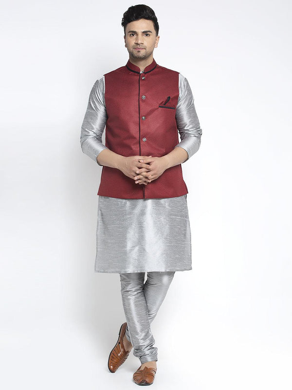 Men's Silk Blend Grey Kurta With Pyjama & Maroon Nehru Jacket - Benstoke - Indiakreations