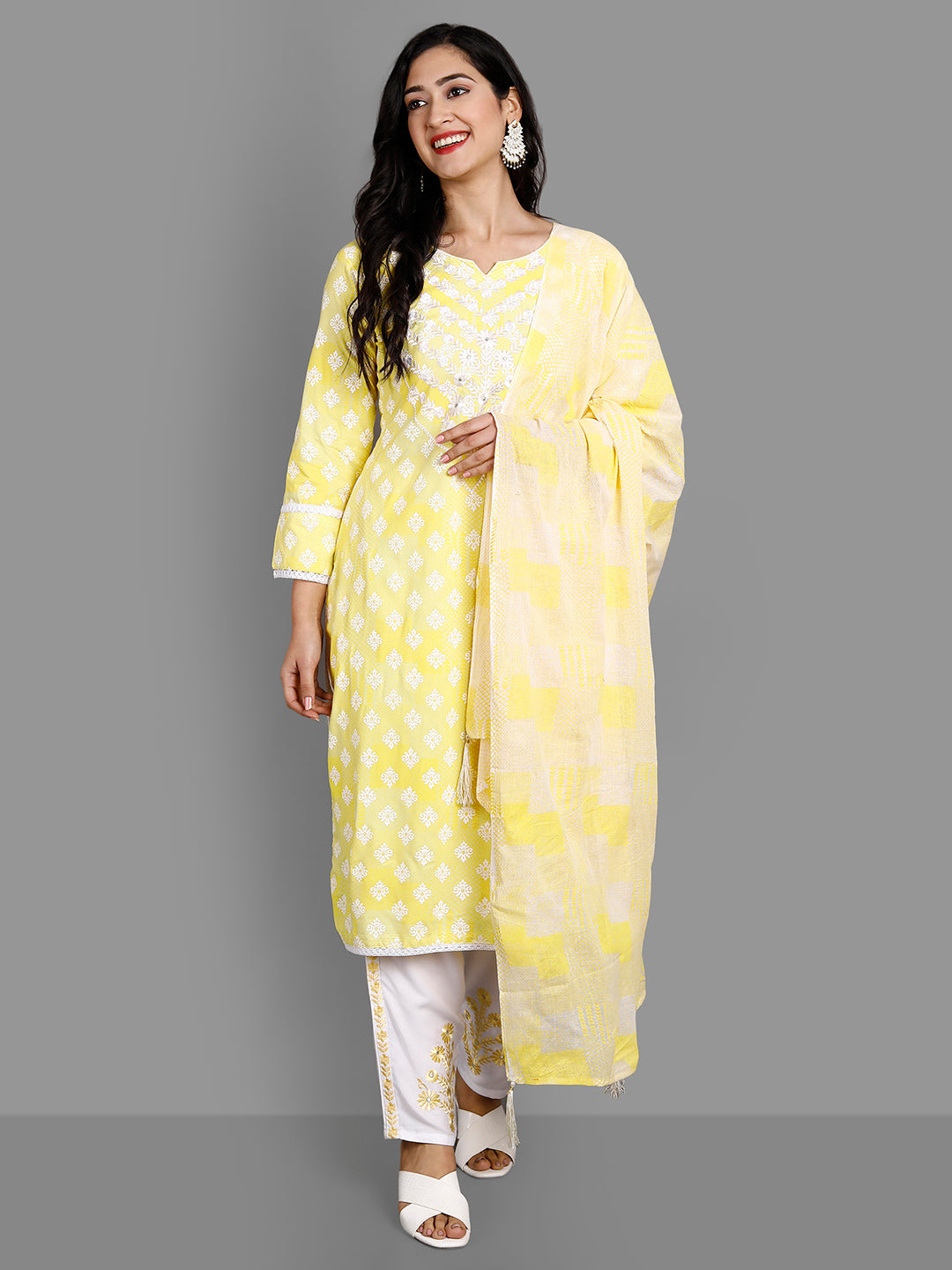 Women's Yellow Rayon Kurta Pant And Dupatta Set - Noz2Toz