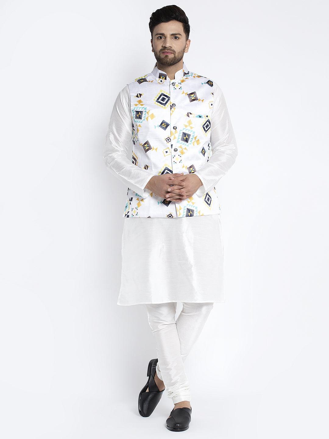 Men's Silk Blend White Kurta With Pyjama & White Printed Nehru Jacket - Benstoke - Indiakreations