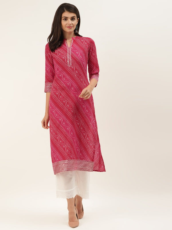 Women's Red And Fuchsia Bandhej Gota Work Straight Kurta - Varanga