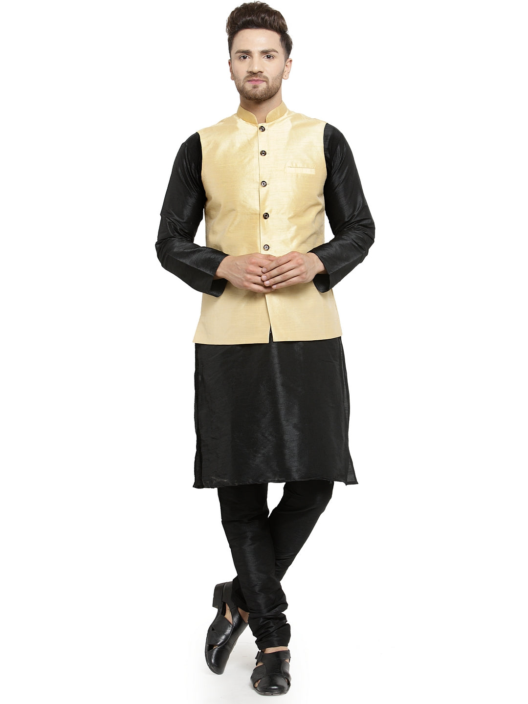 Men's Silk Blend Black Kurta With Pyjama & Gold Nehru Jacket - Benstoke