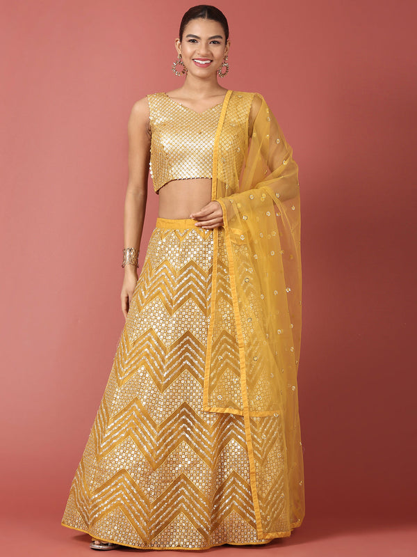 Women's Mustard Net Sequinse Work Fully-Stitched Lehenga & Stitched Blouse, Dupatta - Panchhi