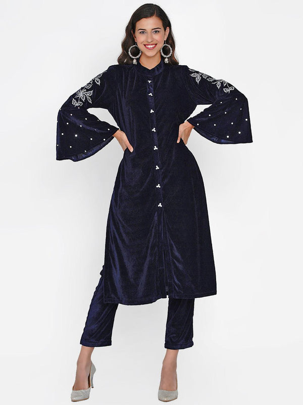 Women's Navy Blue Velvet Kurta Set - Women Republic - Indiakreations