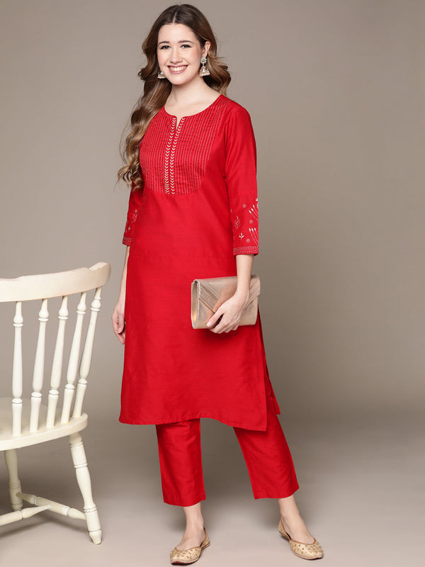 Women's Red Embroidered Kurta Set with Trousers - Anubhutee