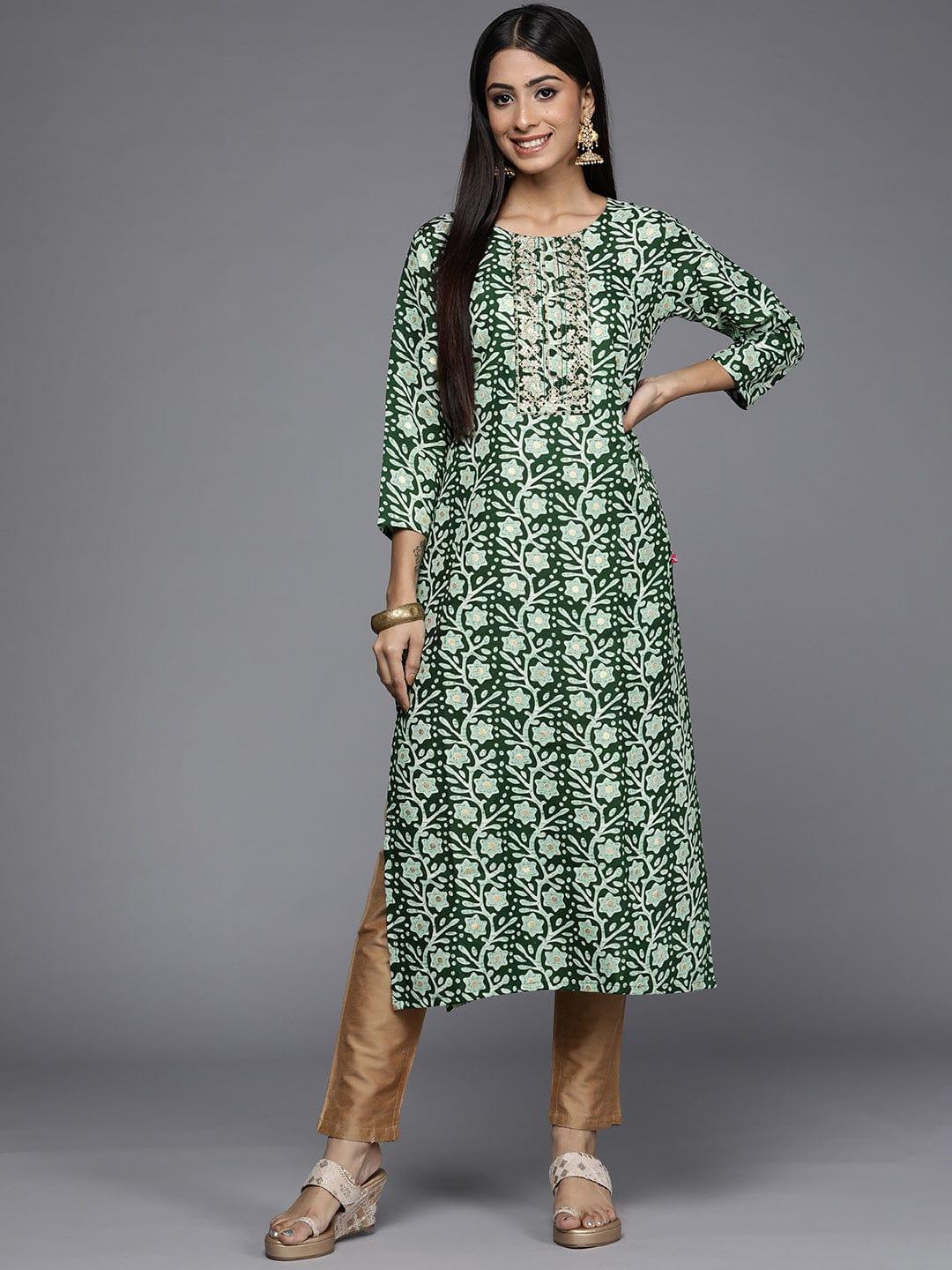 Varanga Women Green Floral Printed Zardozi Kurta - Indiakreations