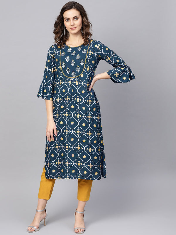 Women's Navy Blue & Grey Printed Straight Kurta - Anubhutee