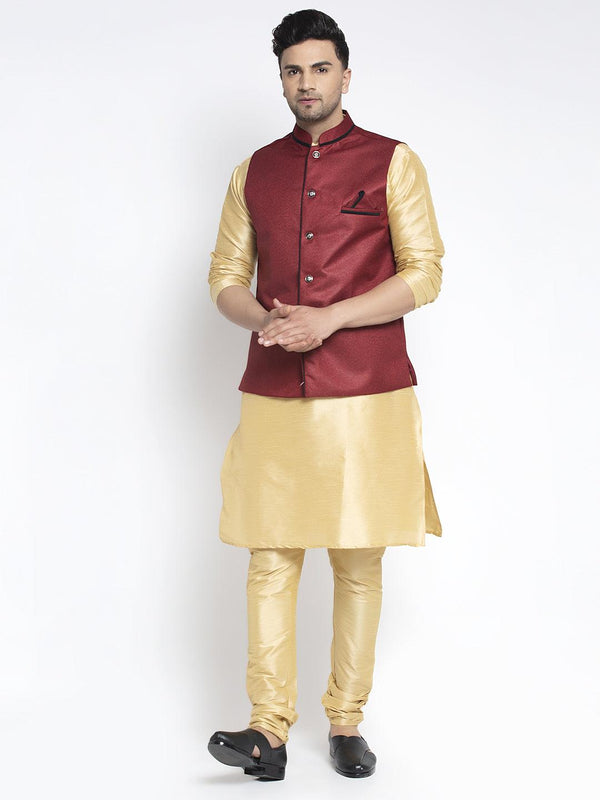 Men's Silk Blend Gold Kurta With Pyjama & Maroon Nehru Jacket - Benstoke - Indiakreations