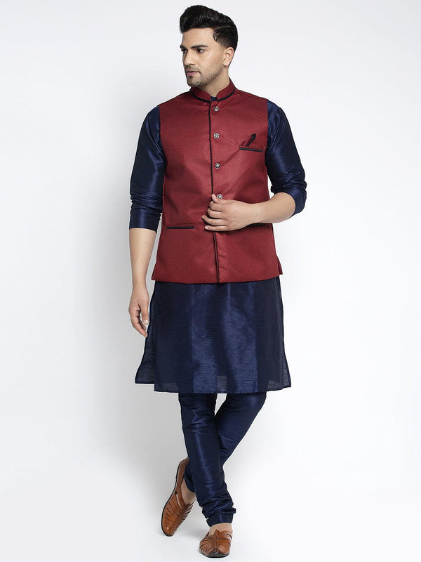 Men's Silk Blend Navy Blue Kurta With Pyjama & Maroon Nehru Jacket - Benstoke - Indiakreations