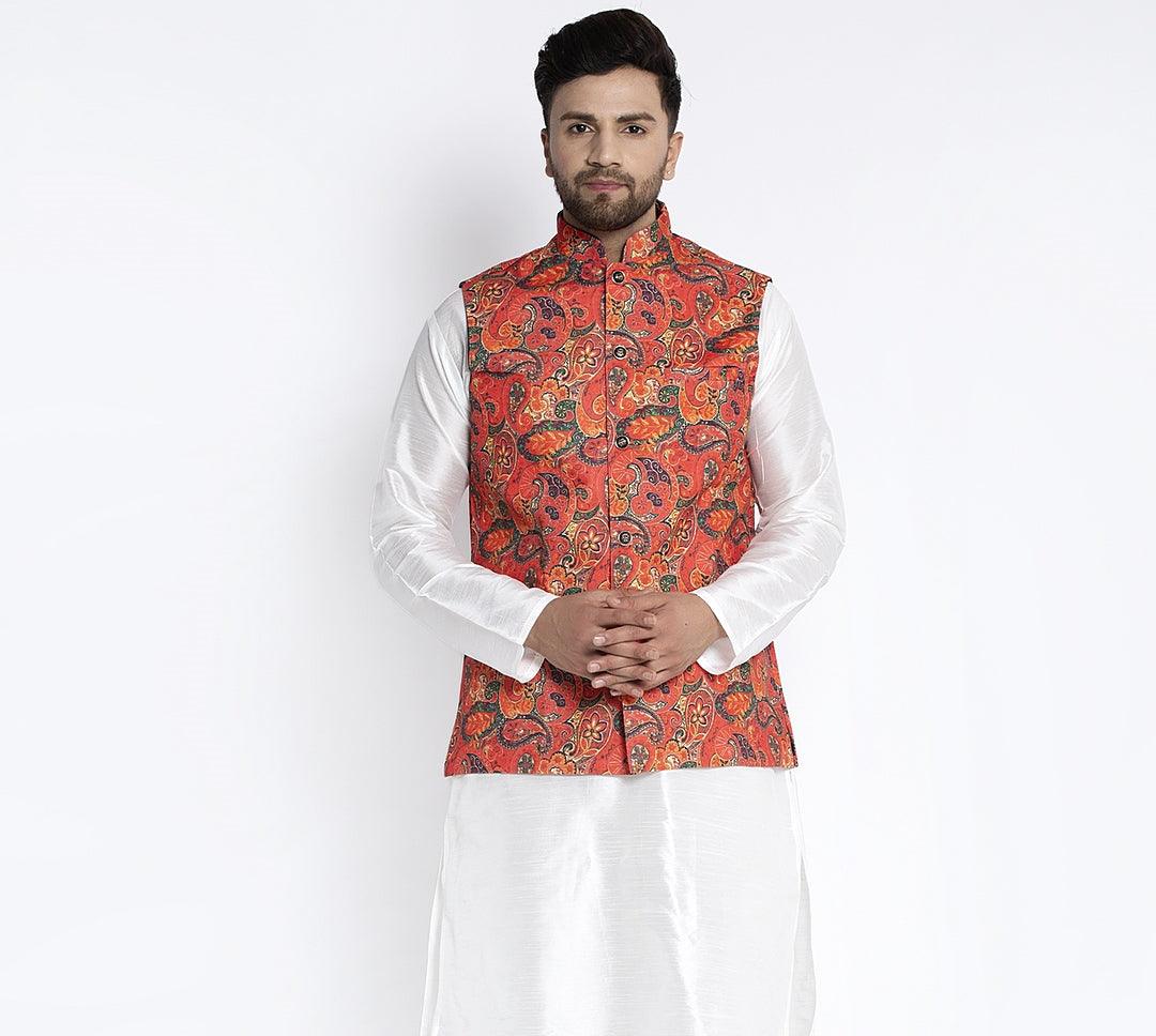 Men's Orange & Multi Printed Nehru Jacket - Benstoke - Indiakreations