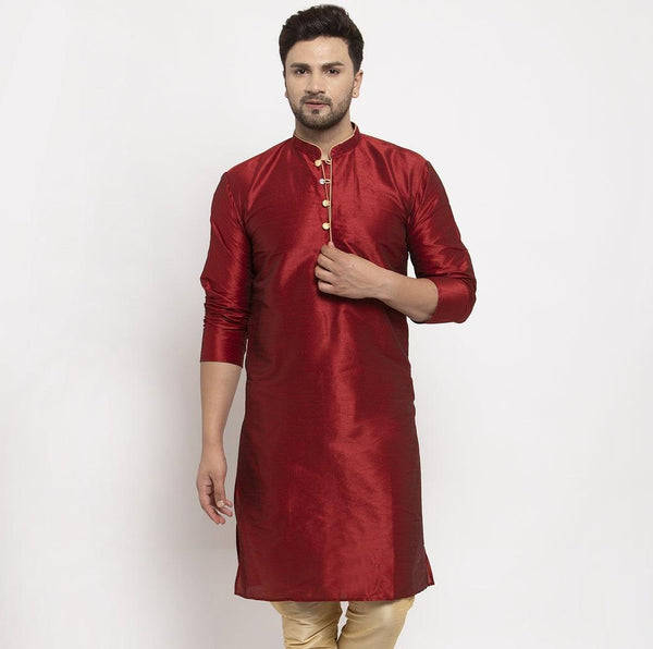 Men's Silk Blend Maroon Straight Long Kurta - Benstoke - Indiakreations