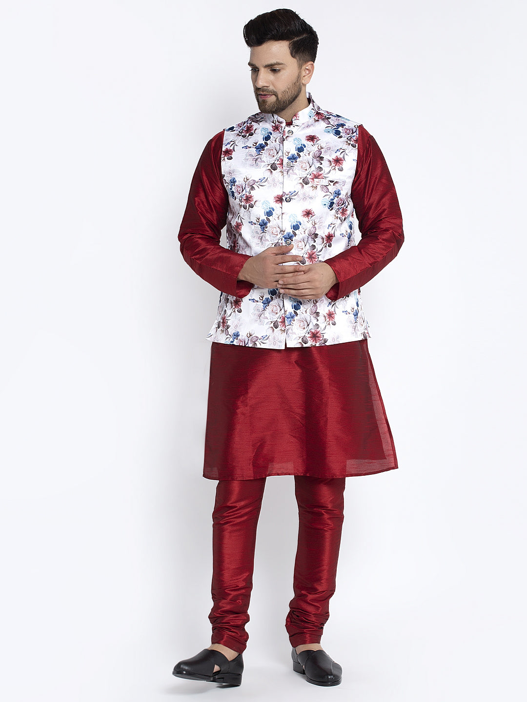 Men's Silk Blend Maroon Kurta With Pyjama & White Printed Nehru Jacket - Benstoke