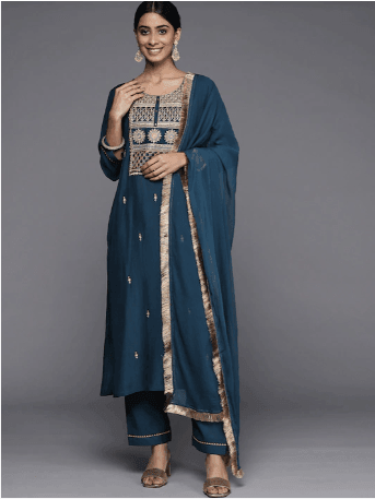 Women Teal Ethnic Motifs Embroidered Kurta with Trousers & With Dupatta - Indiakreations