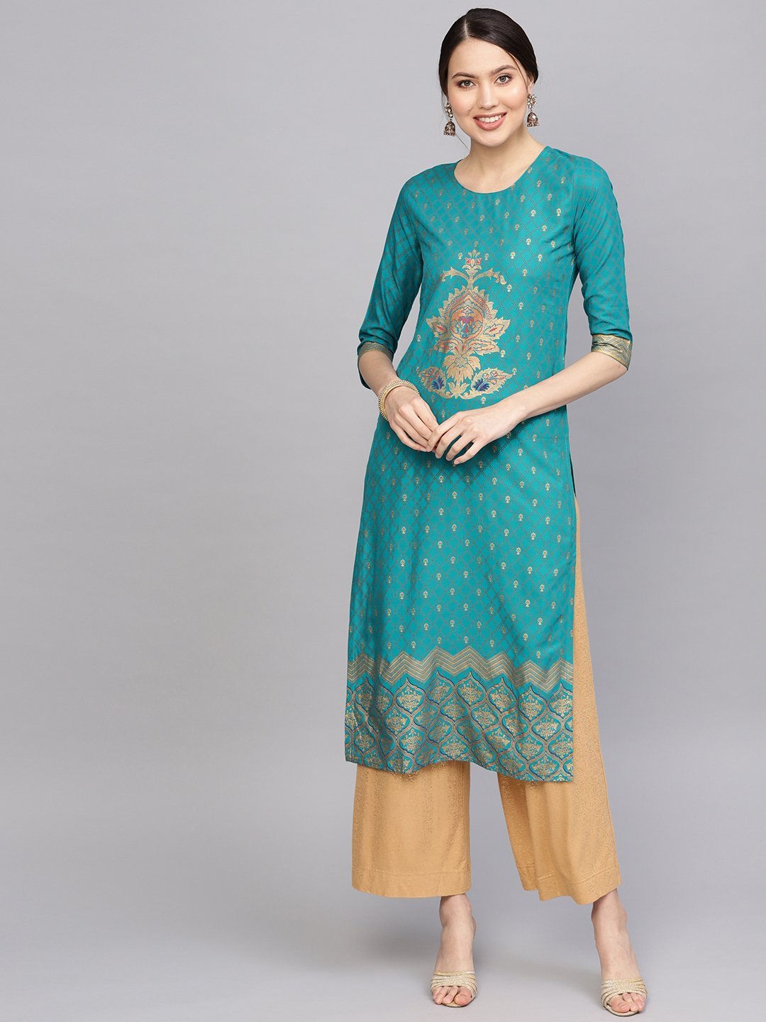 Women's Teal Blue & Golden Printed Straight Kurta - Anubhutee