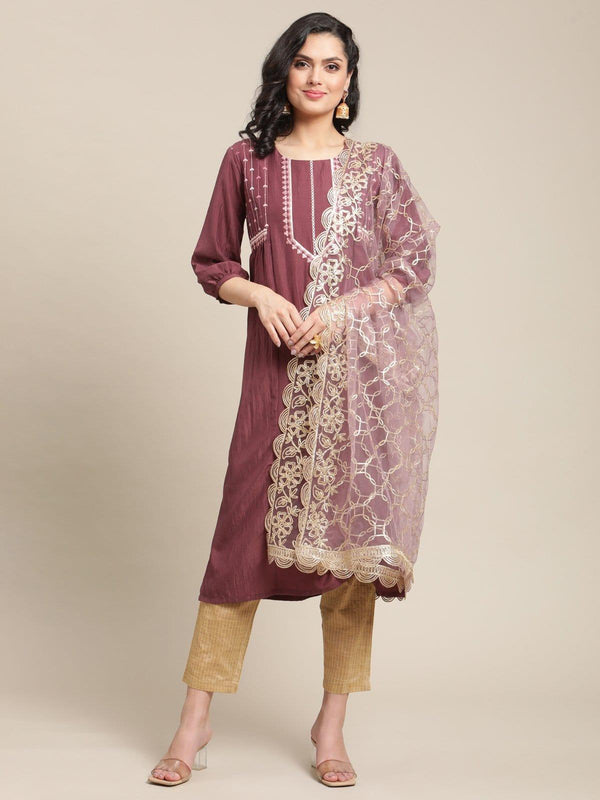 Mauve Solid Embroidred Round Neck A- Line Kurta With Gathered Sleeves And Paired With Trouser And Net Gota Embroidered Dupatta - Indiakreations