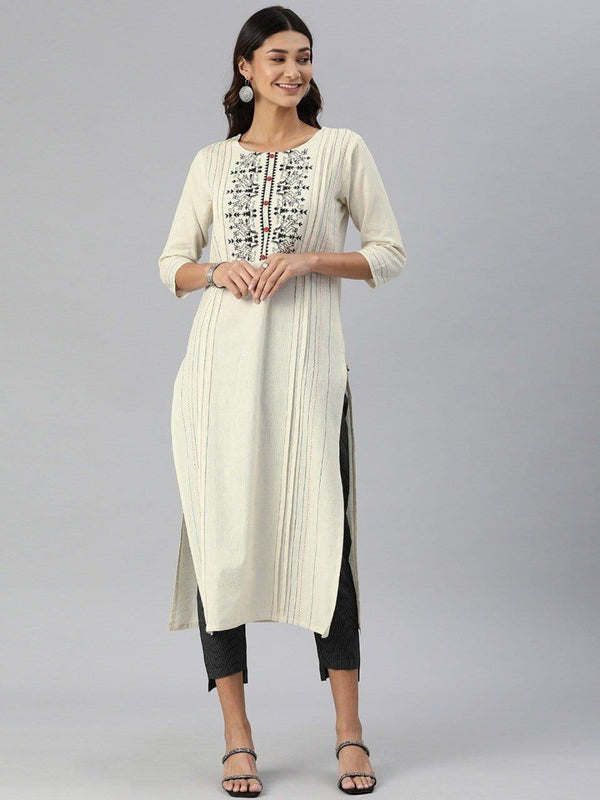 KSUT Women Cream-Coloured & Black Embroidered Kurta with Trousers - Indiakreations