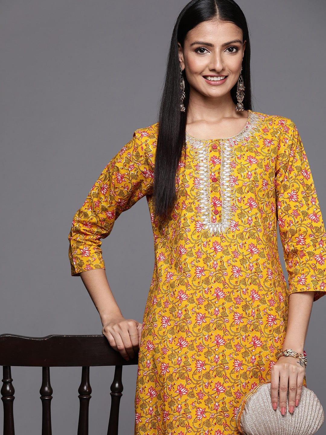 Varanga Women Mustard Yellow & Green Ethnic Motifs Printed Gotta Patti Indie Prints Kurta - Indiakreations