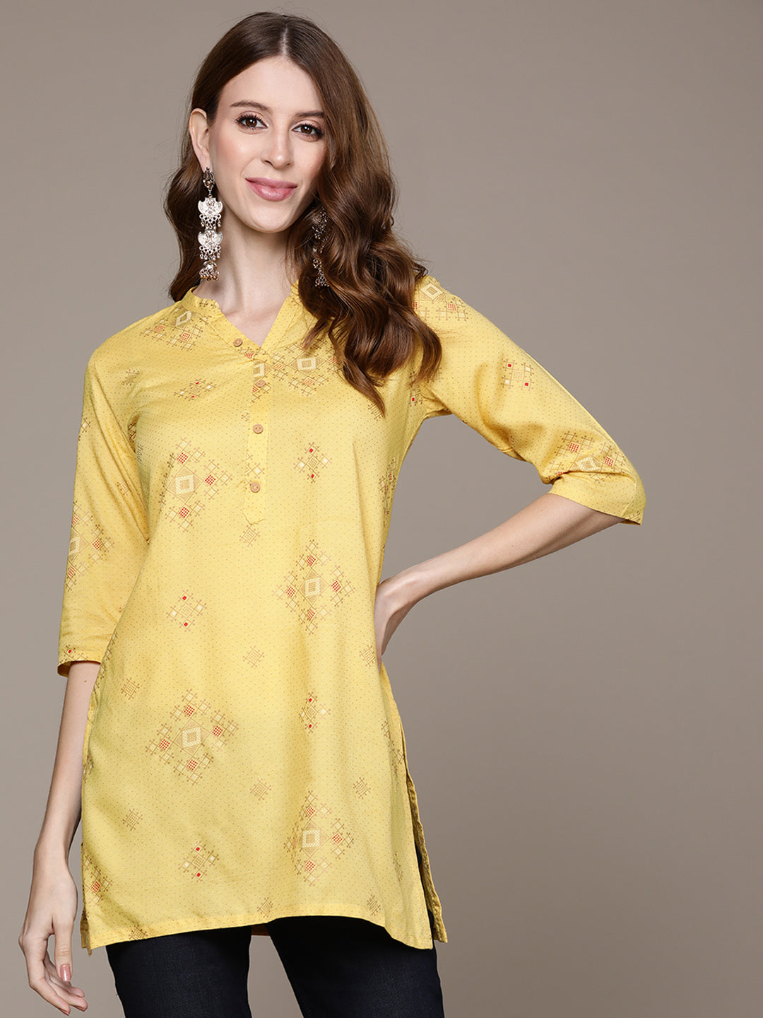 Women's Yellow Ethnic Motifs Printed Tunic - Anubhutee