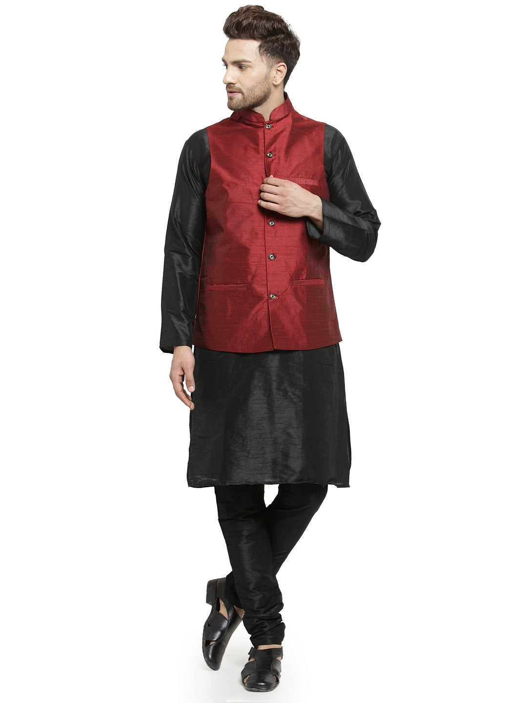 Men's Silk Blend Black Kurta With Pyjama & Maroon Nehru Jacket - Benstoke