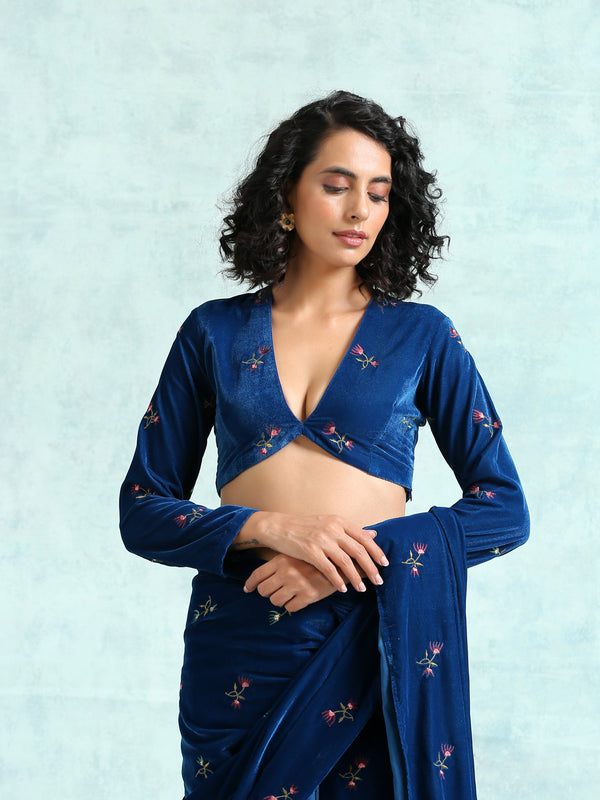 Women's Blue Embroidered Velvet Blouse - Truebrowns