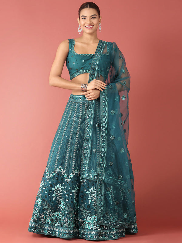 Women's Teal Net Sequinse Work Fully Stitched Lehenga & Stitched Blouse, Dupatta - Panchhi