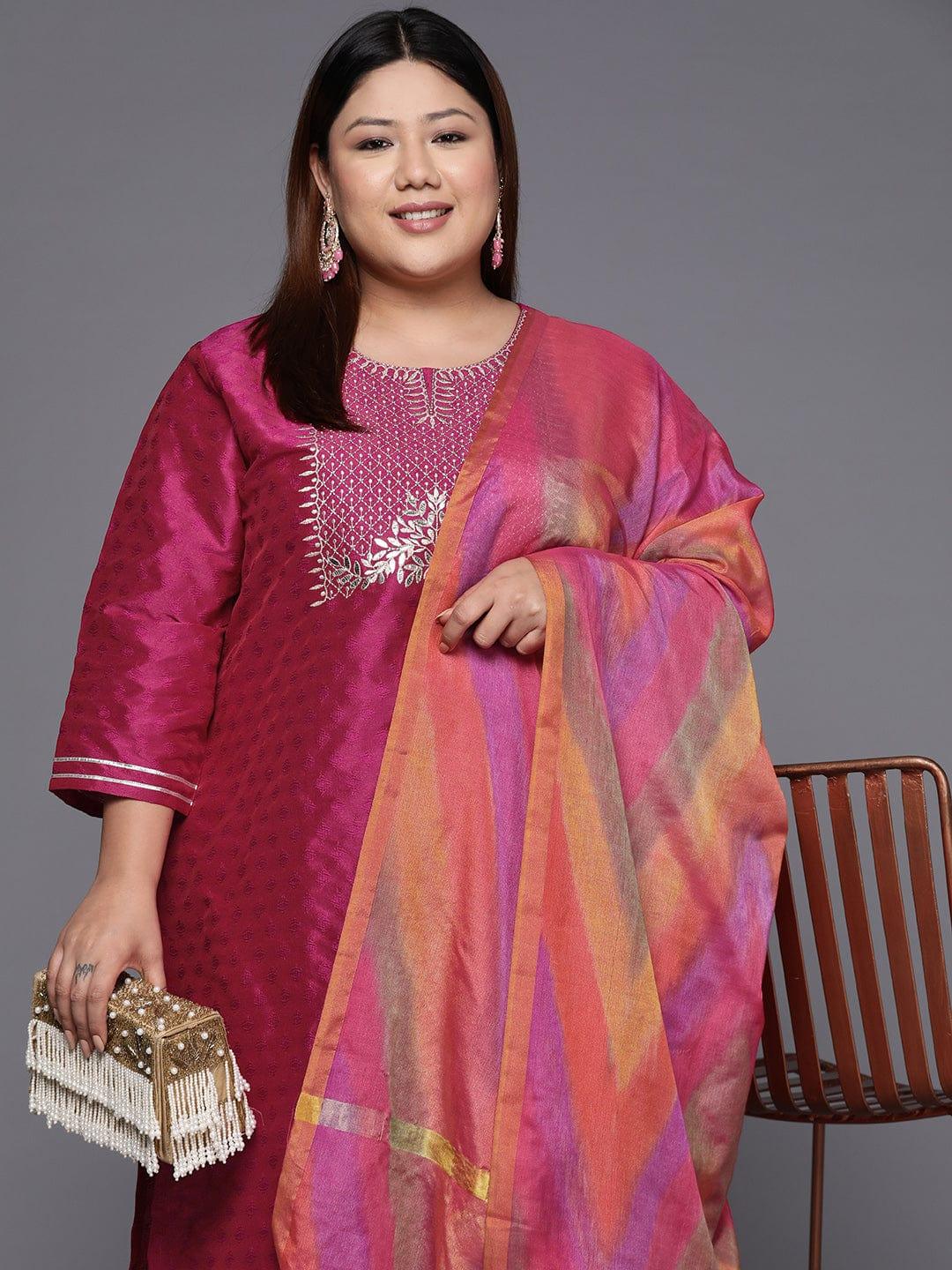 Varanga Women Plus Size Magenta Floral Embroidered Kurta with Trousers & Dupatta - Indiakreations