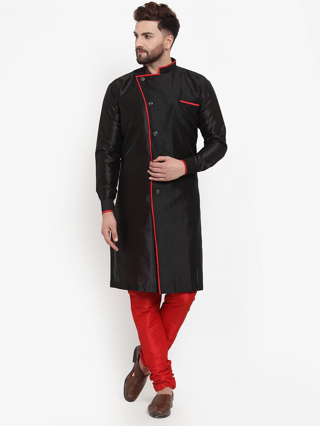 Men's Black Self Design Kurta With Maroon Churidaar Pyjama - Benstoke - Indiakreations