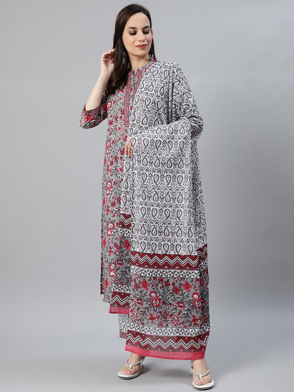 Women's Grey Floral Printed Kurta with Palazzo and Dupatta - Anubhutee