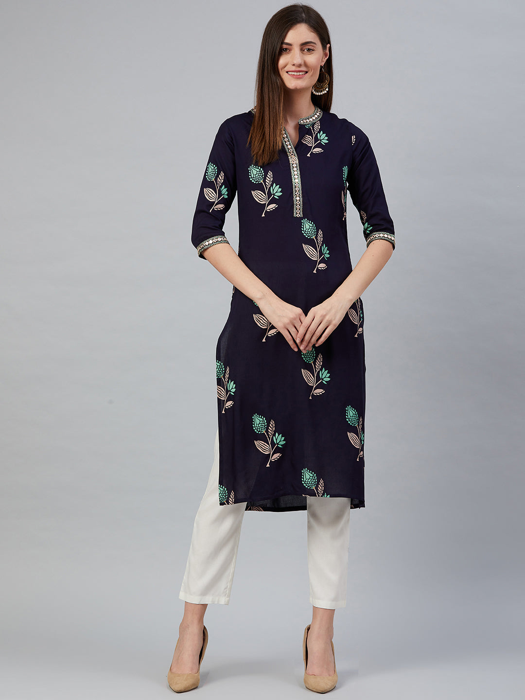 Women's Navy Blue & Green Floral Printed Kurta - Anubhutee