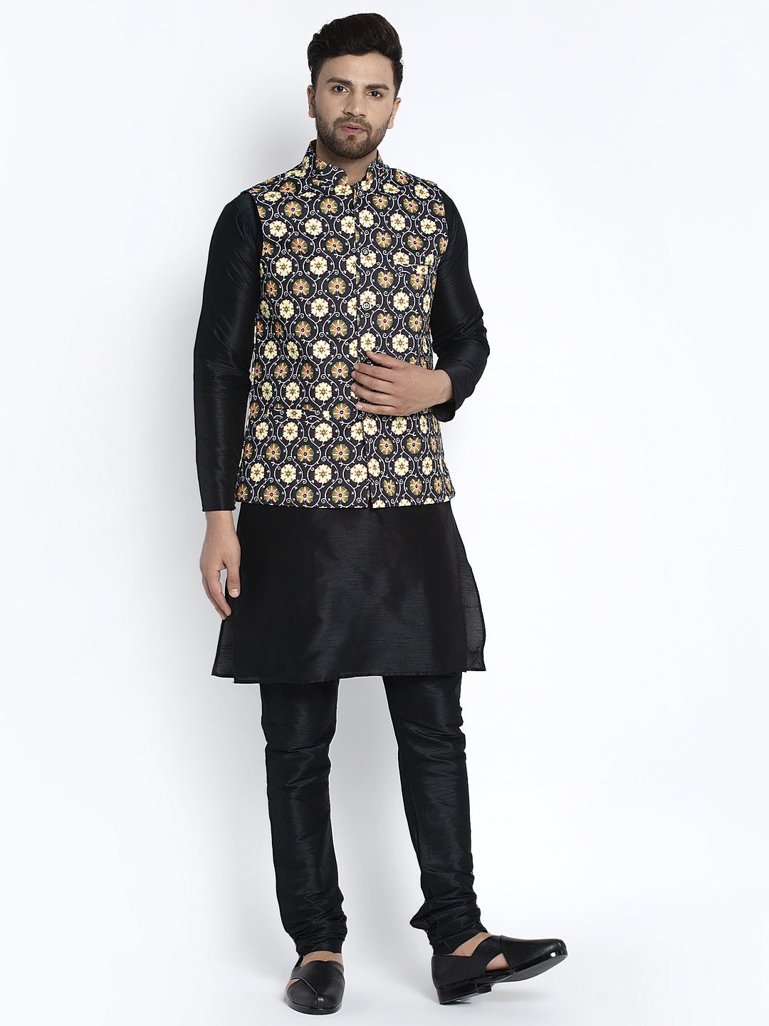 Men's Silk Blend Black Kurta With Pyjama & Black Printed Nehru Jacket - Benstoke