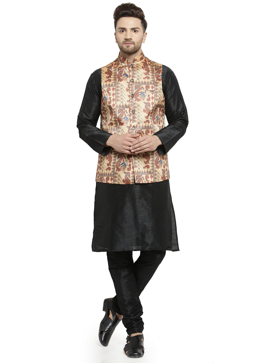 Men's Silk Blend Black Kurta With Pyjama & Beige Printed Nehru Jacket - Benstoke