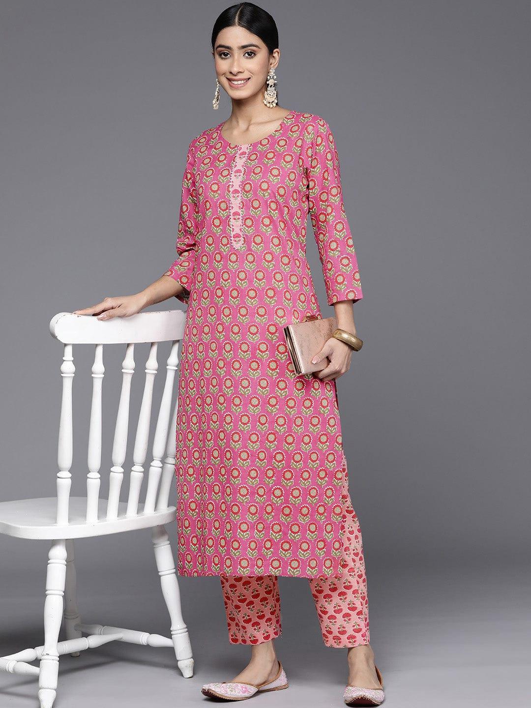 Varanga Floral Printed Gotta Patti Pure Cotton Kurta With Trousers - Indiakreations