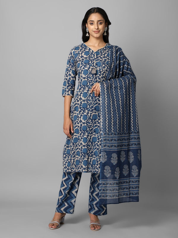 Women's Navy Blue Printed Side Slit Straight Kurta Palazzo And Dupatta Set - Azira