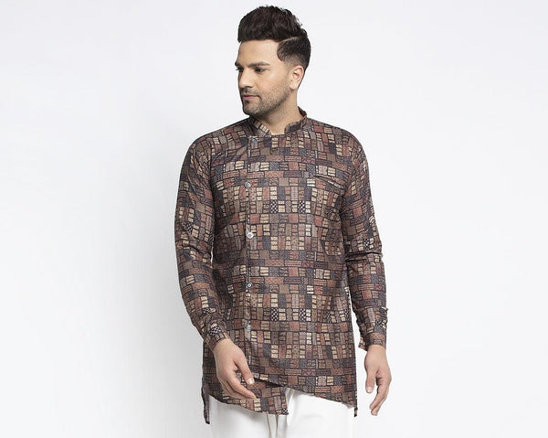 Men's Dark Brown & Multicolor Asymmetric Printed Short Kurta - Benstoke - Indiakreations