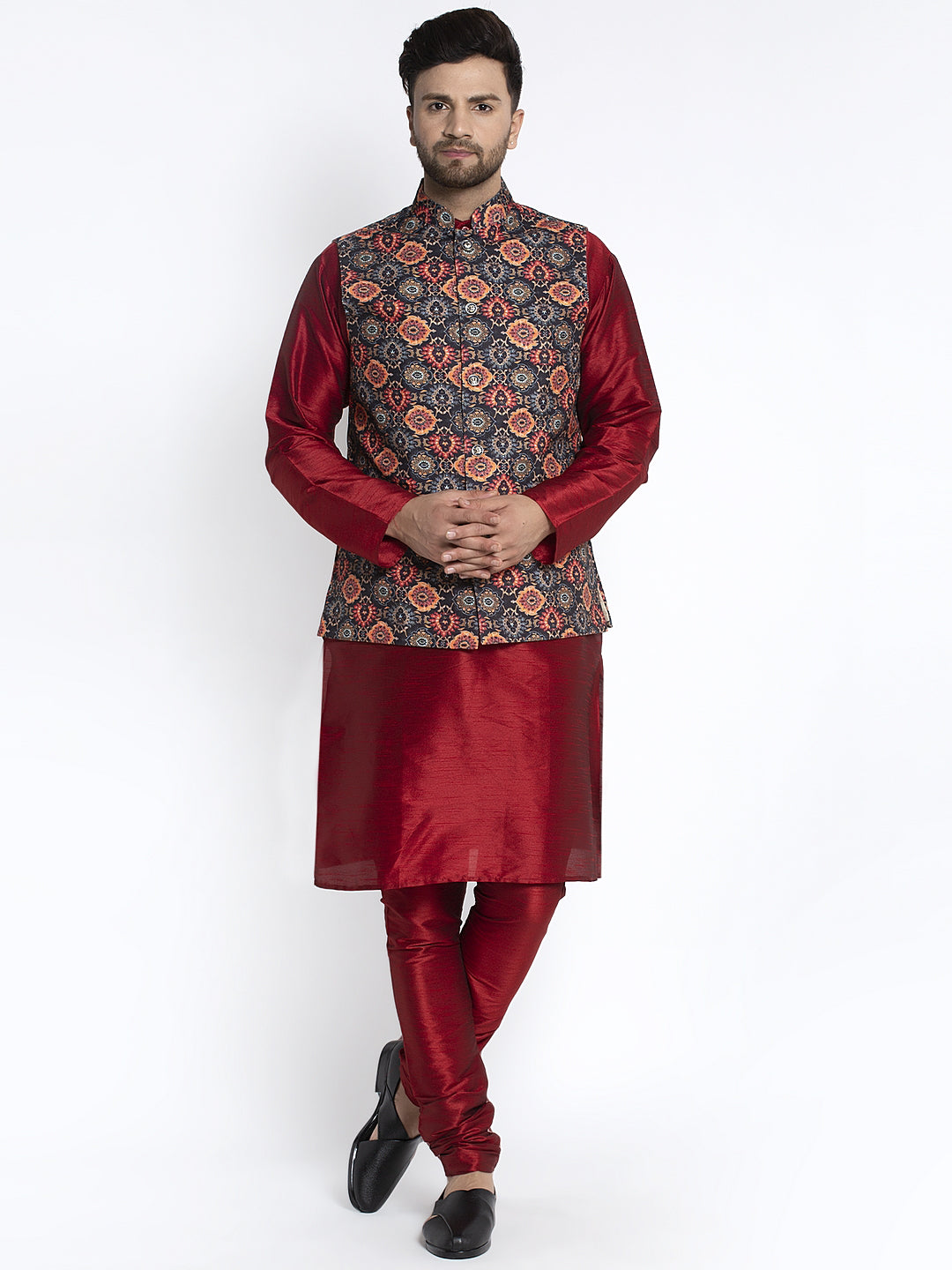 Men's Silk Blend Maroon Kurta With Pyjama & Black Printed Nehru Jacket - Benstoke