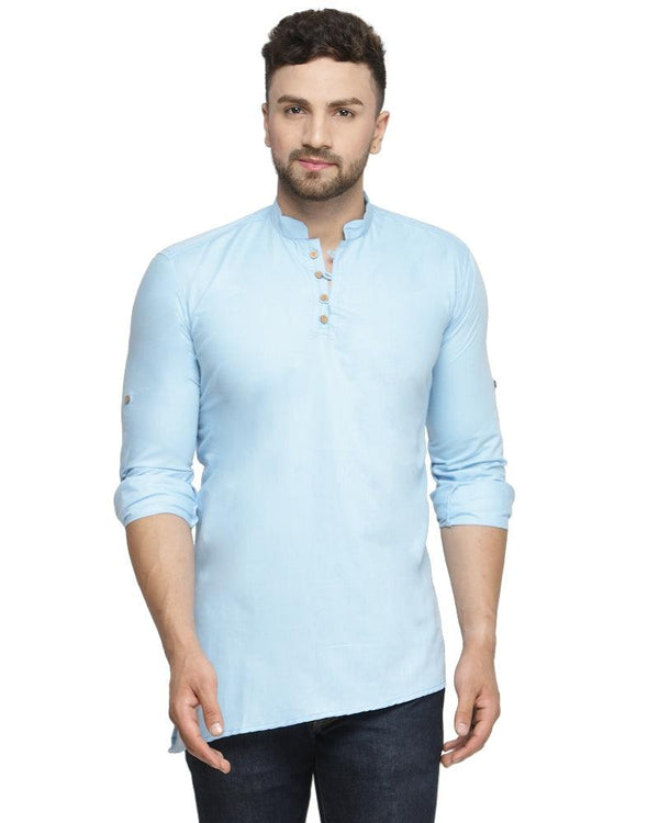 Men's Cotton Blend Sky Blue Asymmetric Short Kurta - Benstoke - Indiakreations