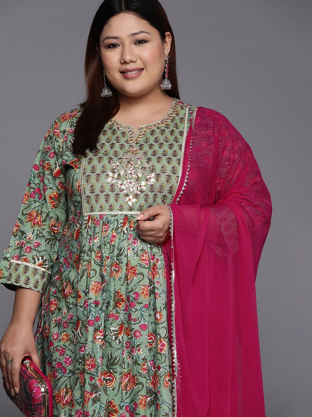 Varanga Women Plus Size Green Floral Printed Gotta Patti Pure Cotton Kurta with Trousers & Dupatta - Indiakreations