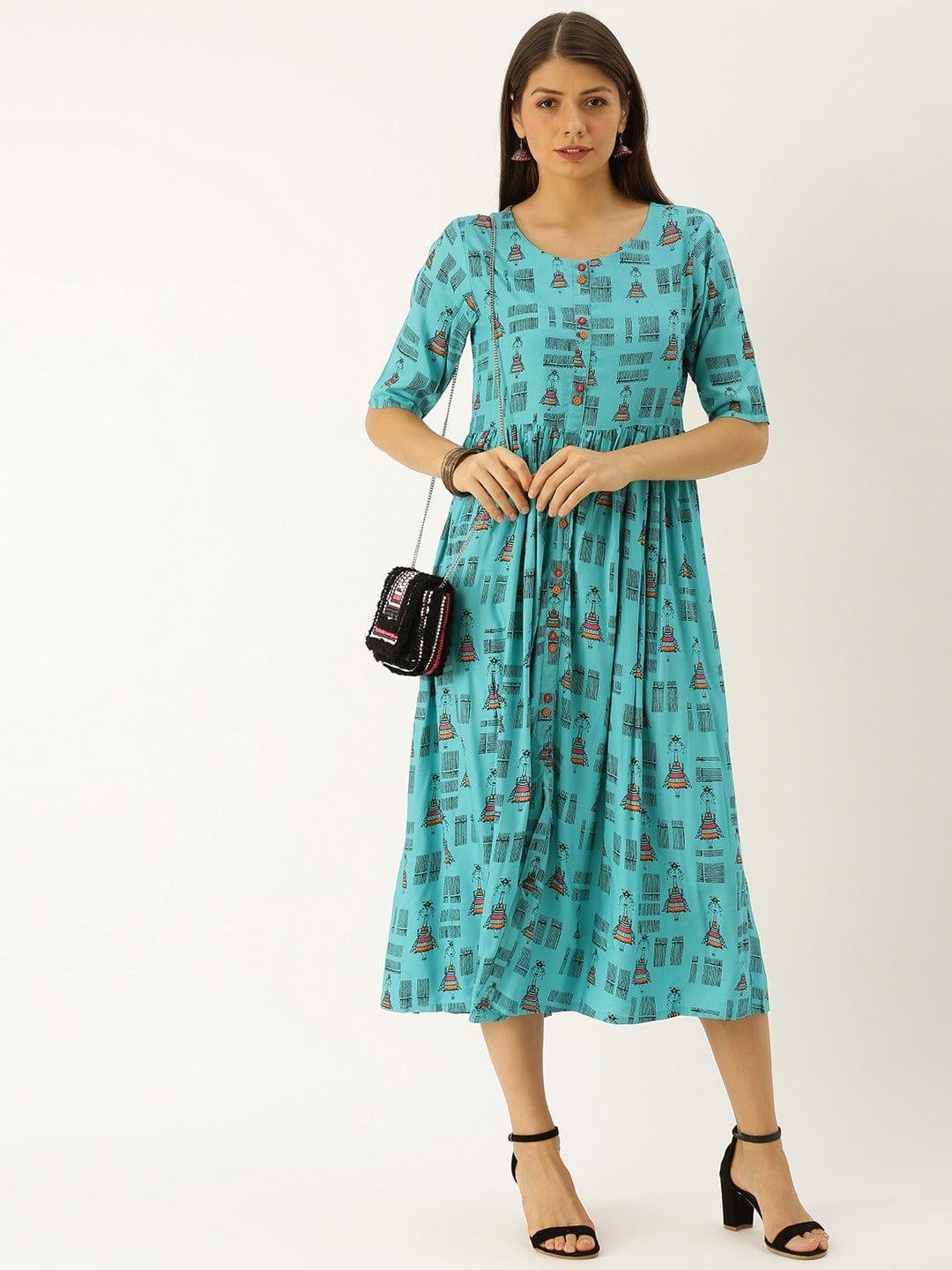 Turquoise Blue & Black Printed A-Line Dress with Gathered Detail - Indiakreations