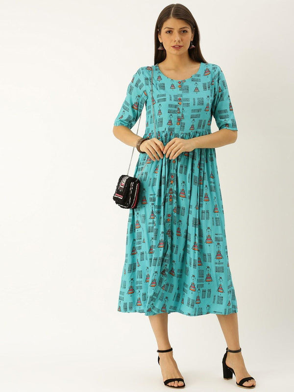 Turquoise Blue & Black Printed A-Line Dress with Gathered Detail - Indiakreations