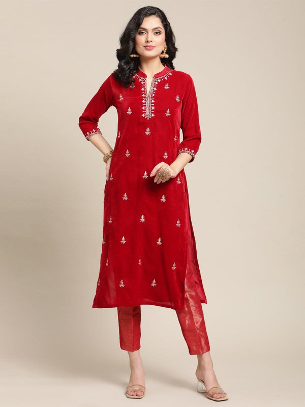 Red Embroidred Velvet Kurta Paired With Brocade Trouser - Indiakreations