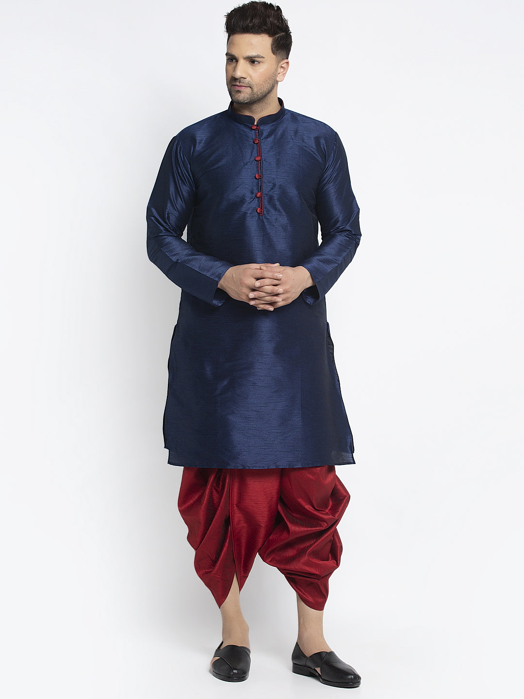 Men's Navy Blue Solid Kurta With Maroon Dhoti Pant - Benstoke