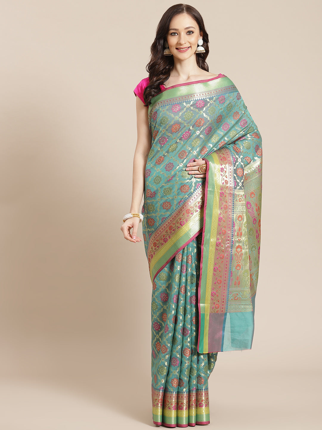 Women's Green Silk Jaamdani Cutwork Saree - Varanasi - Indiakreations