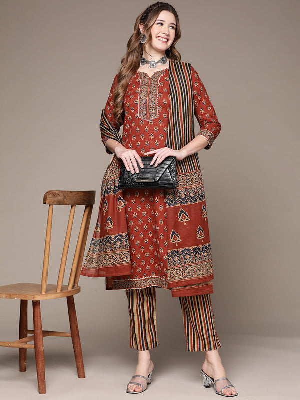 Women's Rust Sequinned Gota Patti Kurta Set with Trousers and Dupatta - Anubhutee