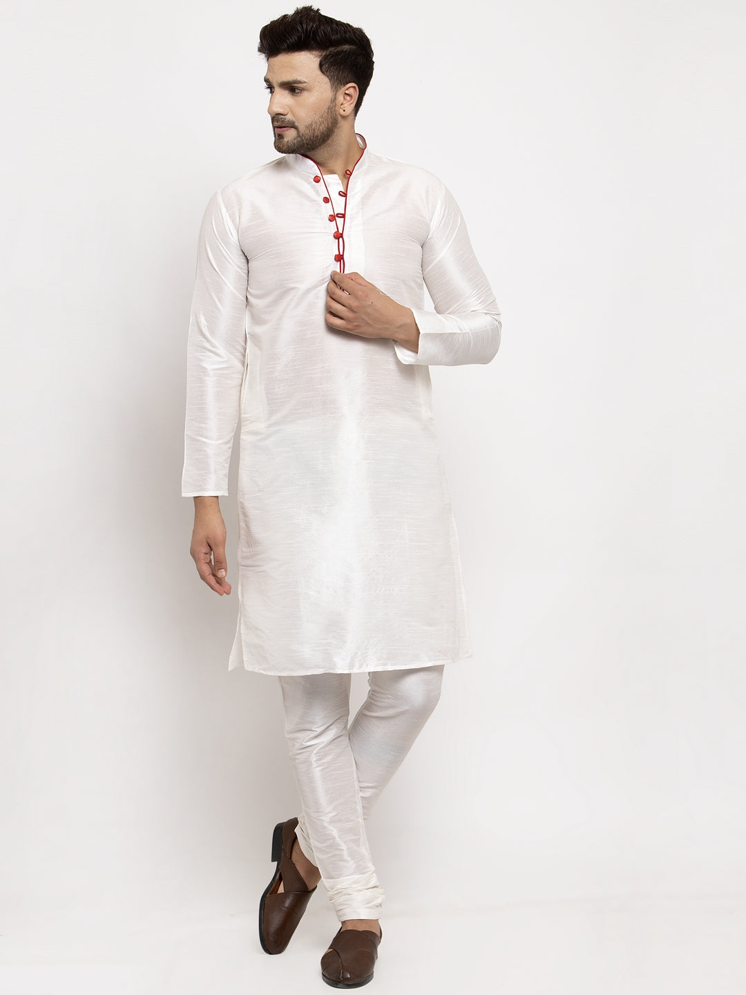 Men's White Solid Kurta With Churidaar Pyjama - Benstoke